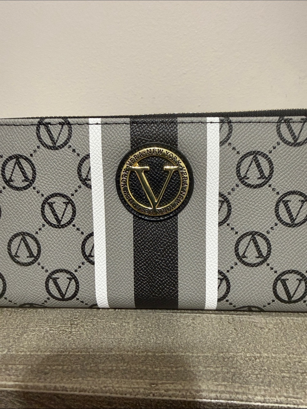 V by Very Berry Gray Logo Zip Wristlet Clutch